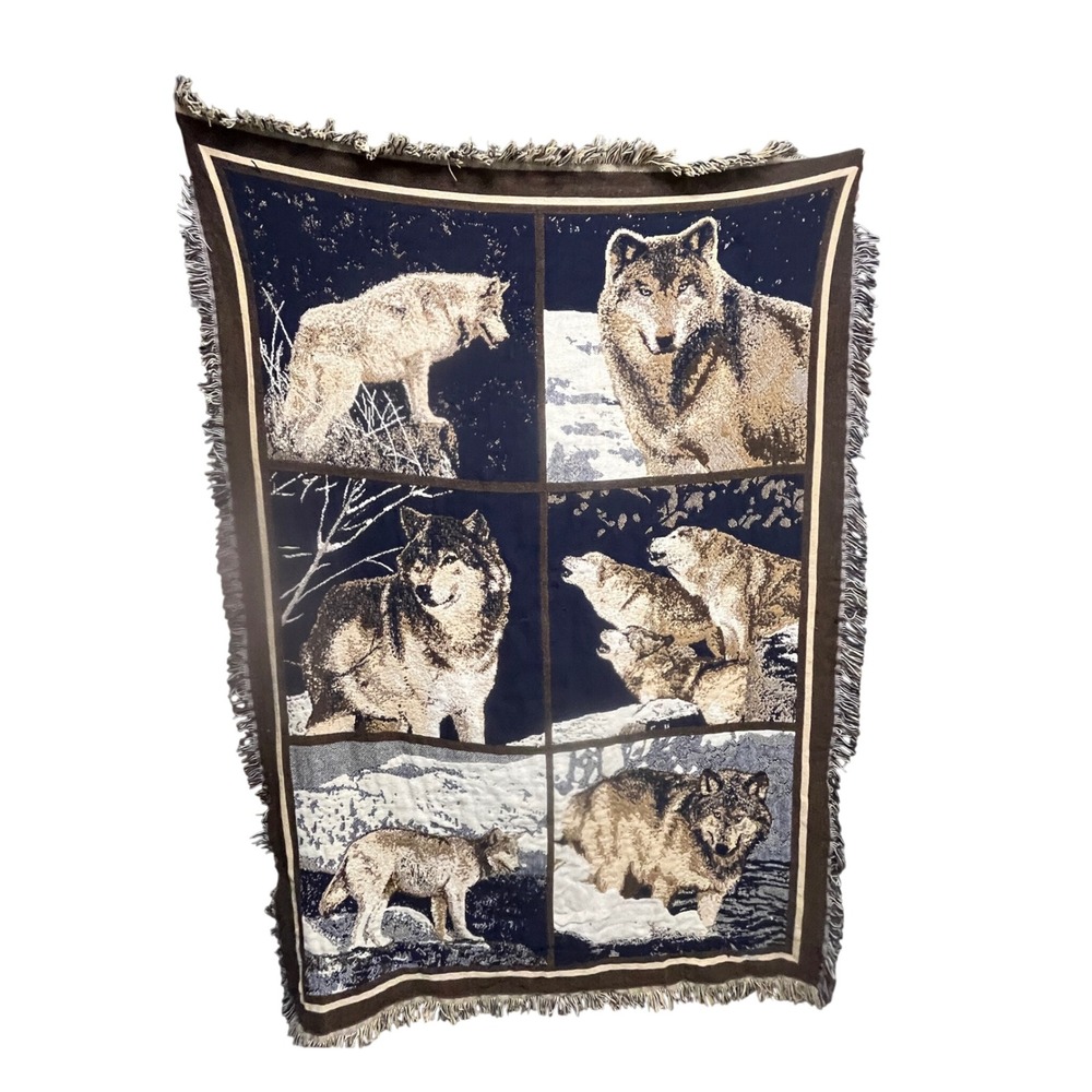 Vintage Woven Wolf Tapestry Throw Blanket Fringed Navy Goodwin Weavers Wildlife